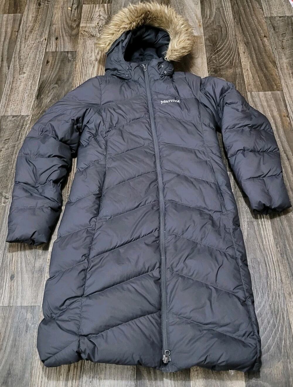 Marmot Womens Black Down Fill Faux Fur Trim Long Warm Parka Coat Size M (Damage)